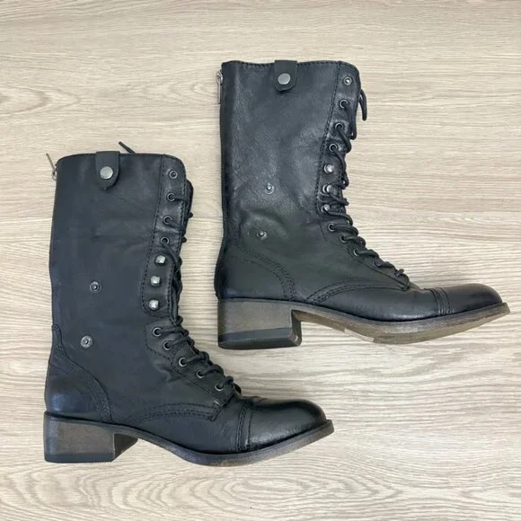 Steve Madden Leather Lace Up Combat Boots Black Foldover Aztec Print 7.5M - Picture 5 of 8